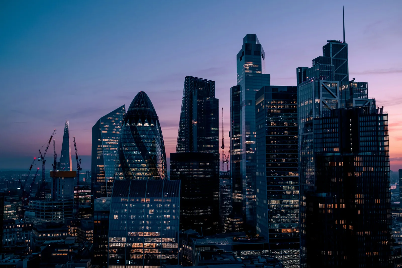The City of London skyline in the last light of the day.